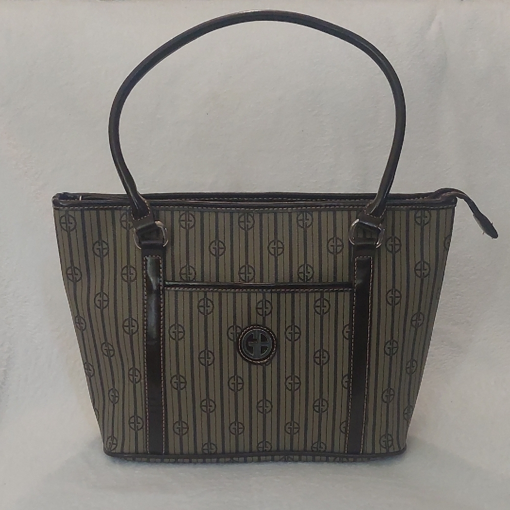 Giani Bernini Stripe Signature Small Tote Handbag in Khaki/Brown.